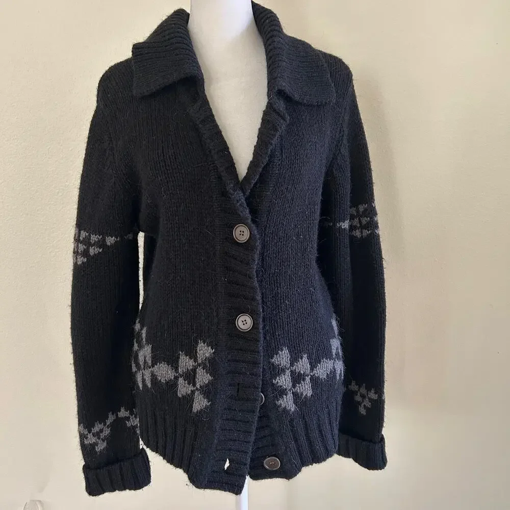 291 Venice Wool Alpaca Cardigan Womens 3/L Black Shawl Collar Elbow Patch LA NY